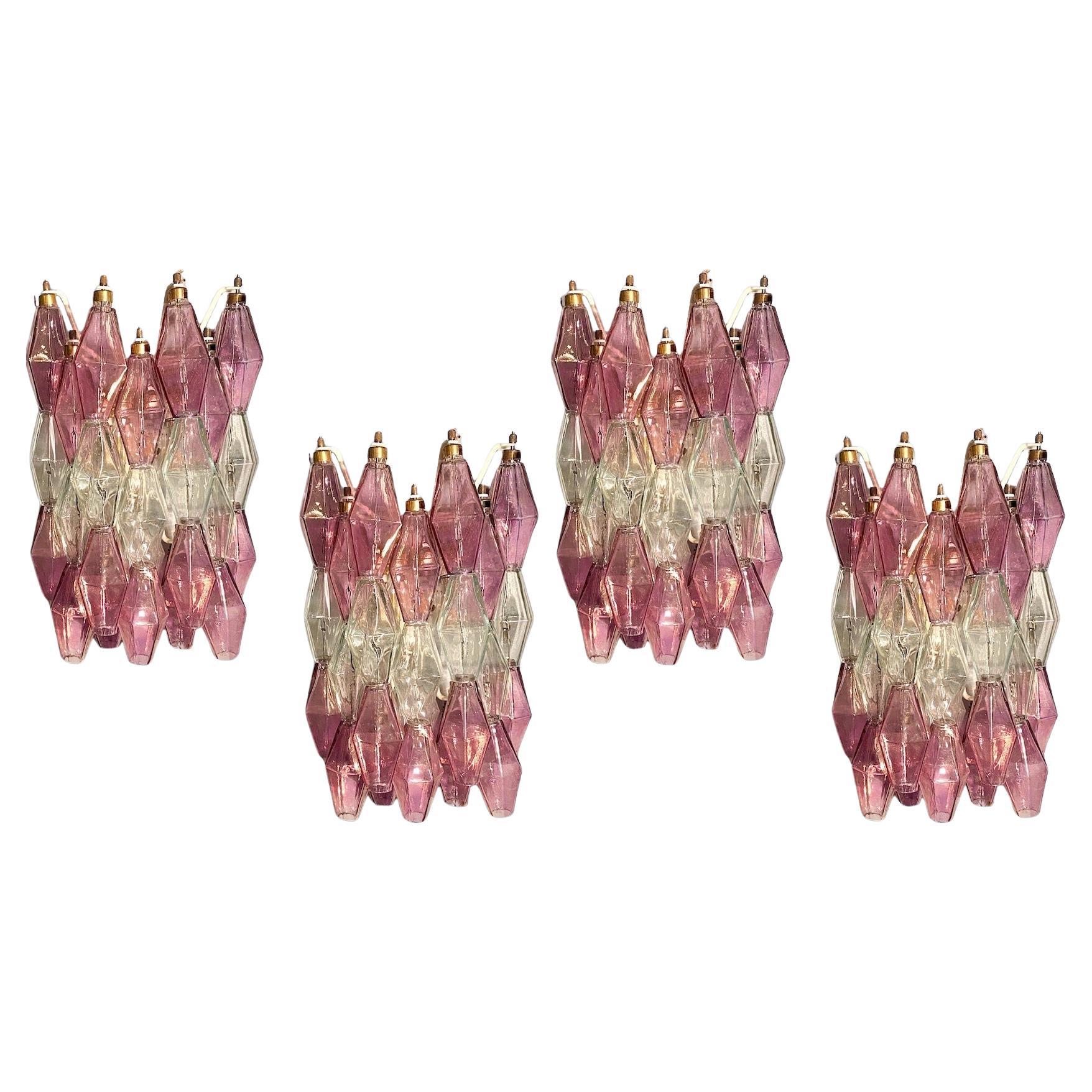 Four  Pink and Clear Poliedri Sconces Carlo Scarpa Venini Variation, 1980'