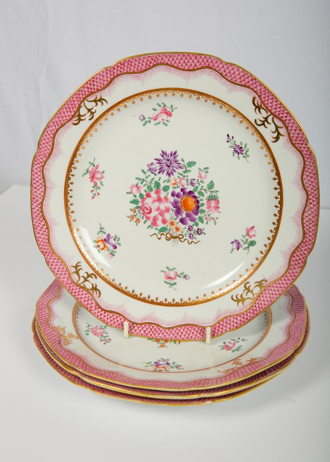 English Four Pink Antique Worcester Dishes in the Famille Rose Style