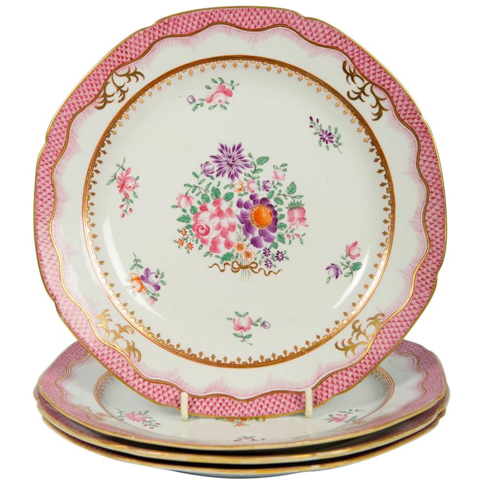 Four Pink Antique Worcester Dishes in the Famille Rose Style