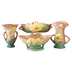 Four Pink Roseville Pottery Pieces with Peony Pattern Mid 20thC