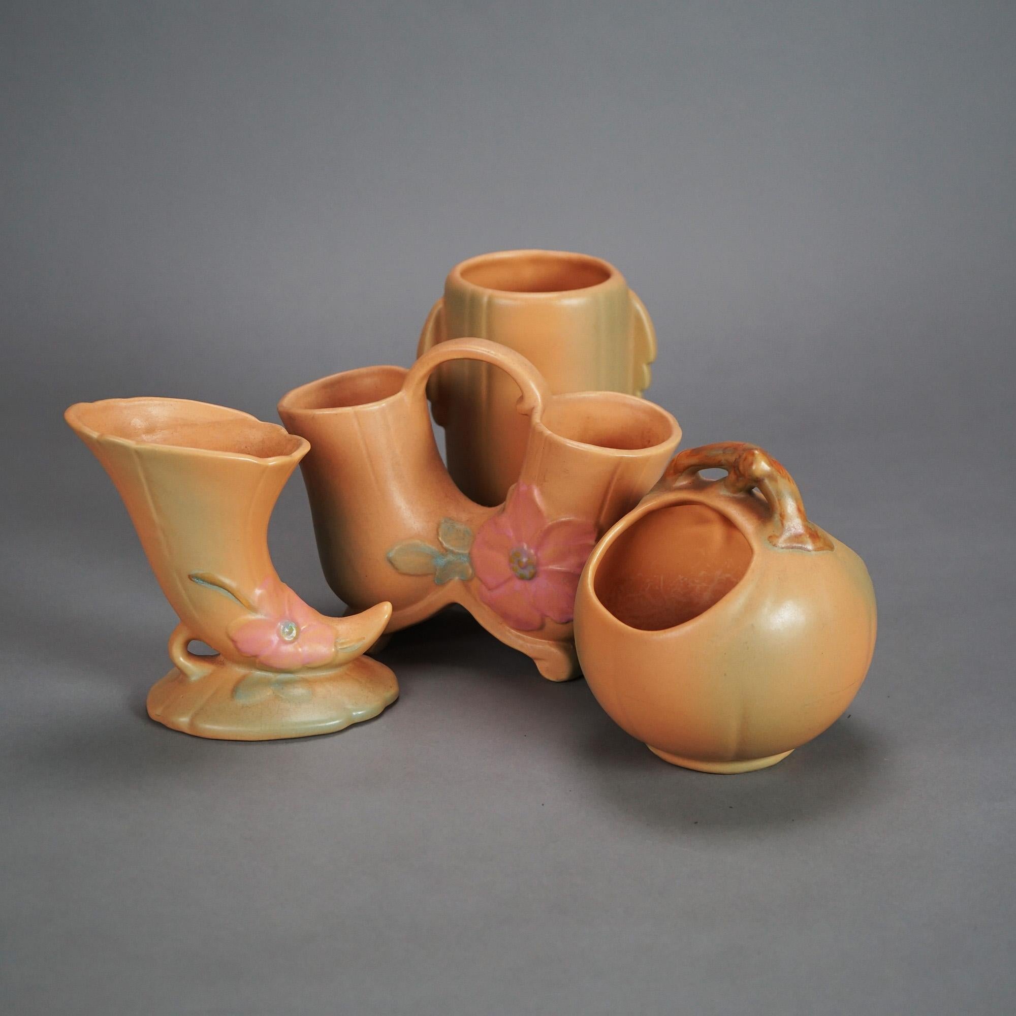 Arts and Crafts Four Pink Weller Art Pottery Items with Wild Rose Pattern Mid 20thC