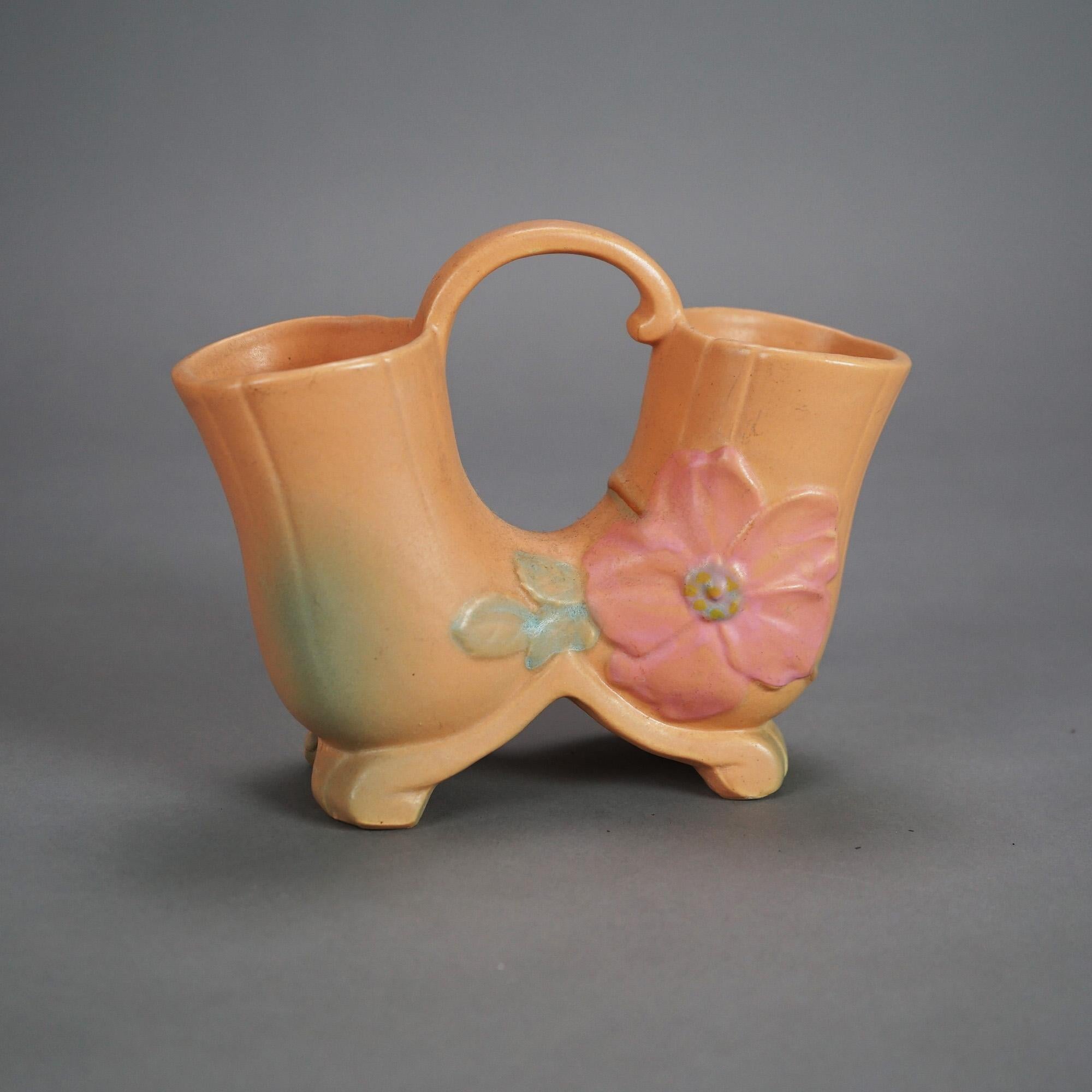 Four Pink Weller Art Pottery Items with Wild Rose Pattern Mid 20thC 1