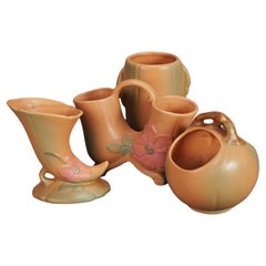 Four Pink Weller Art Pottery Items with Wild Rose Pattern Mid 20thC
