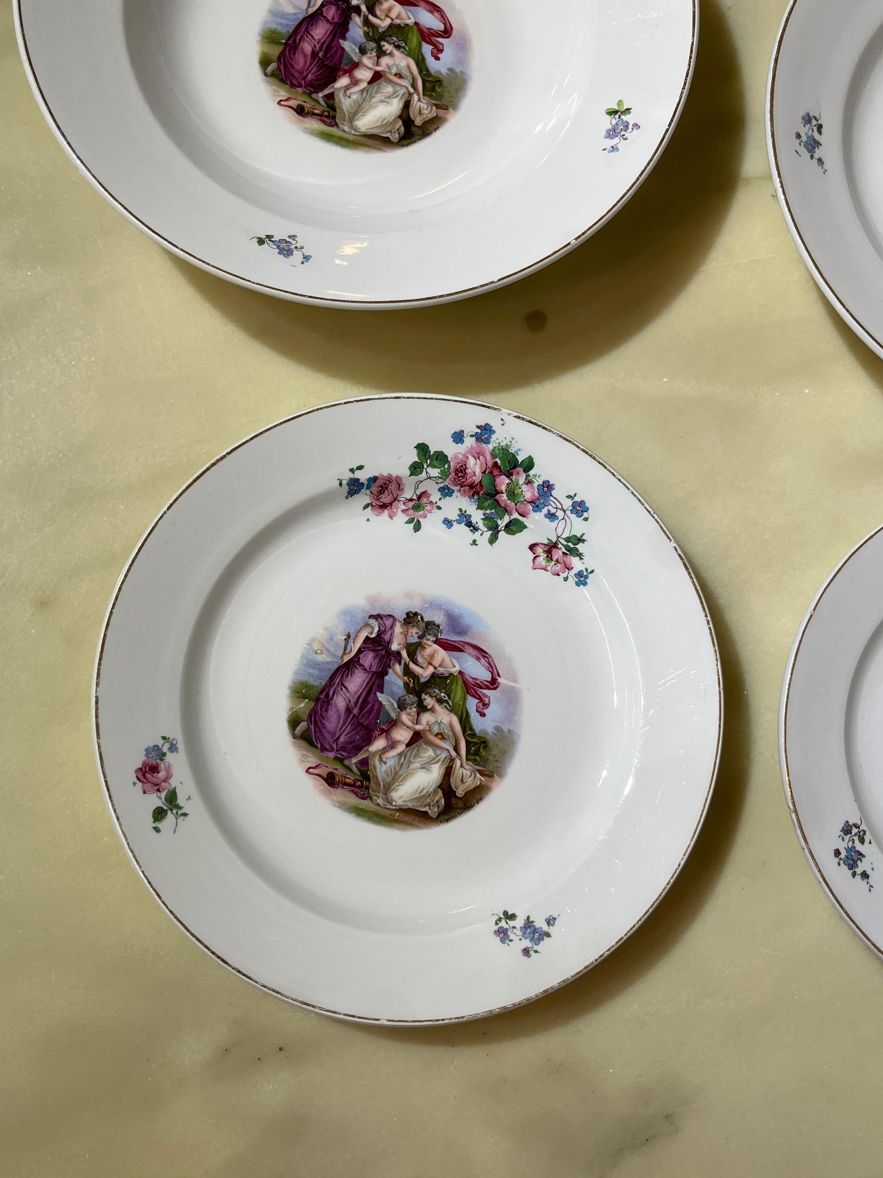 Four Plates, Verbanum Stone Laveno, painter Angelica Kauffman, Italy, 1924
One plate is flat, one deep, one for fruit and one for dessert.
The trademark explicitly refers to the Società Ceramica Italiana of Laveno.
At the center of the plates are