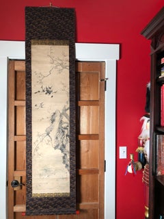 Japanese Antique Hand Painted Playful Birds Silk Scroll, Taisho Period