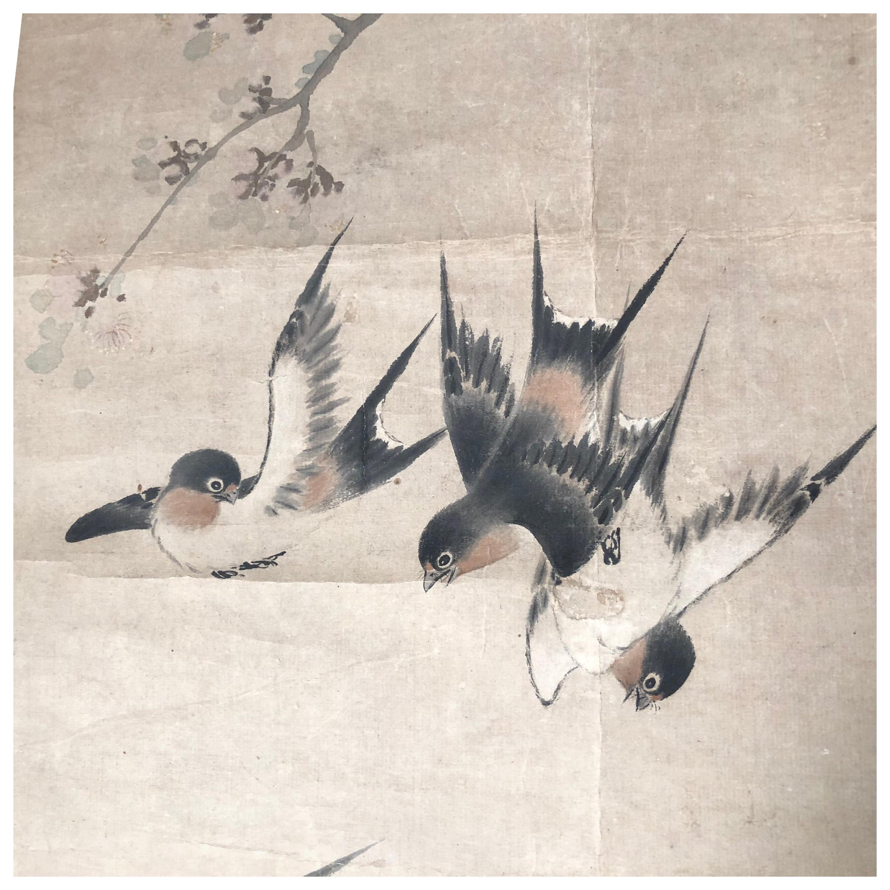 Japanese Antique Hand Painted Playful Birds Silk Scroll, Taisho Period