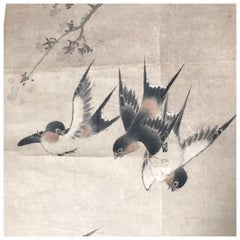 Japanese Antique Hand Painted Playful Birds Silk Scroll, Taisho Period