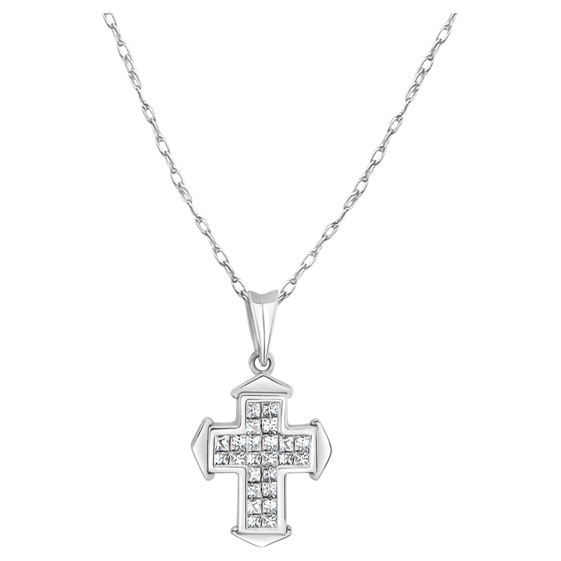 Four Pointed Arrow Princess Cut Diamond Cross Necklace .55cttw 14k White Gold