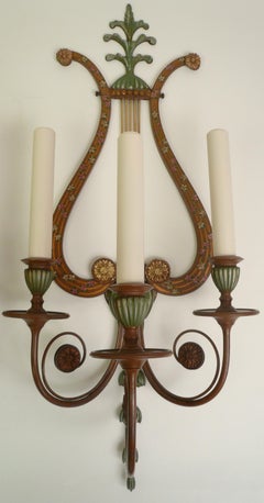 Four Polychrome Lyre form Sconces by Sterling Bronze Co. N.Y.