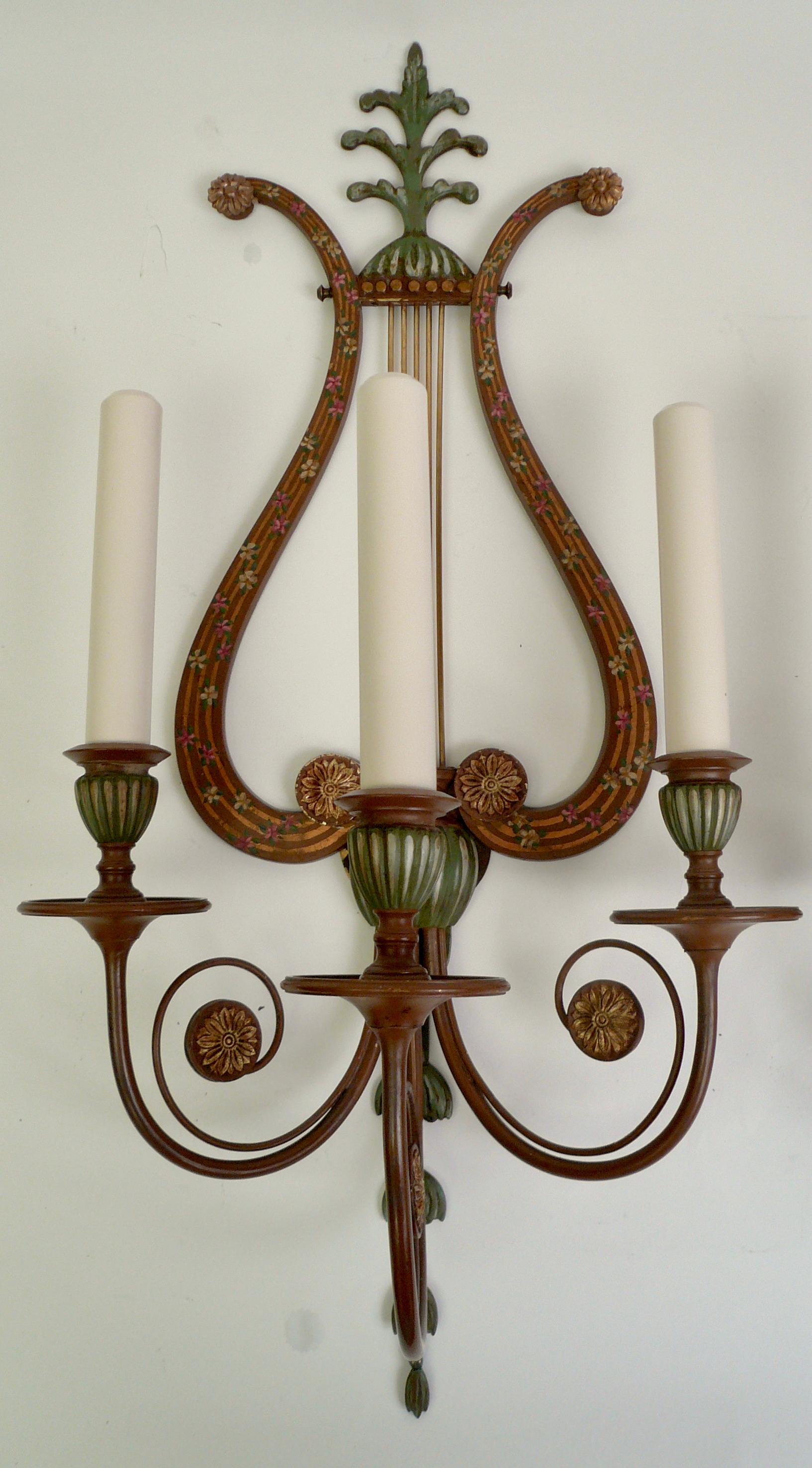 Hollywood Regency Four Polychrome Lyre form Sconces by Sterling Bronze Co. N.Y.