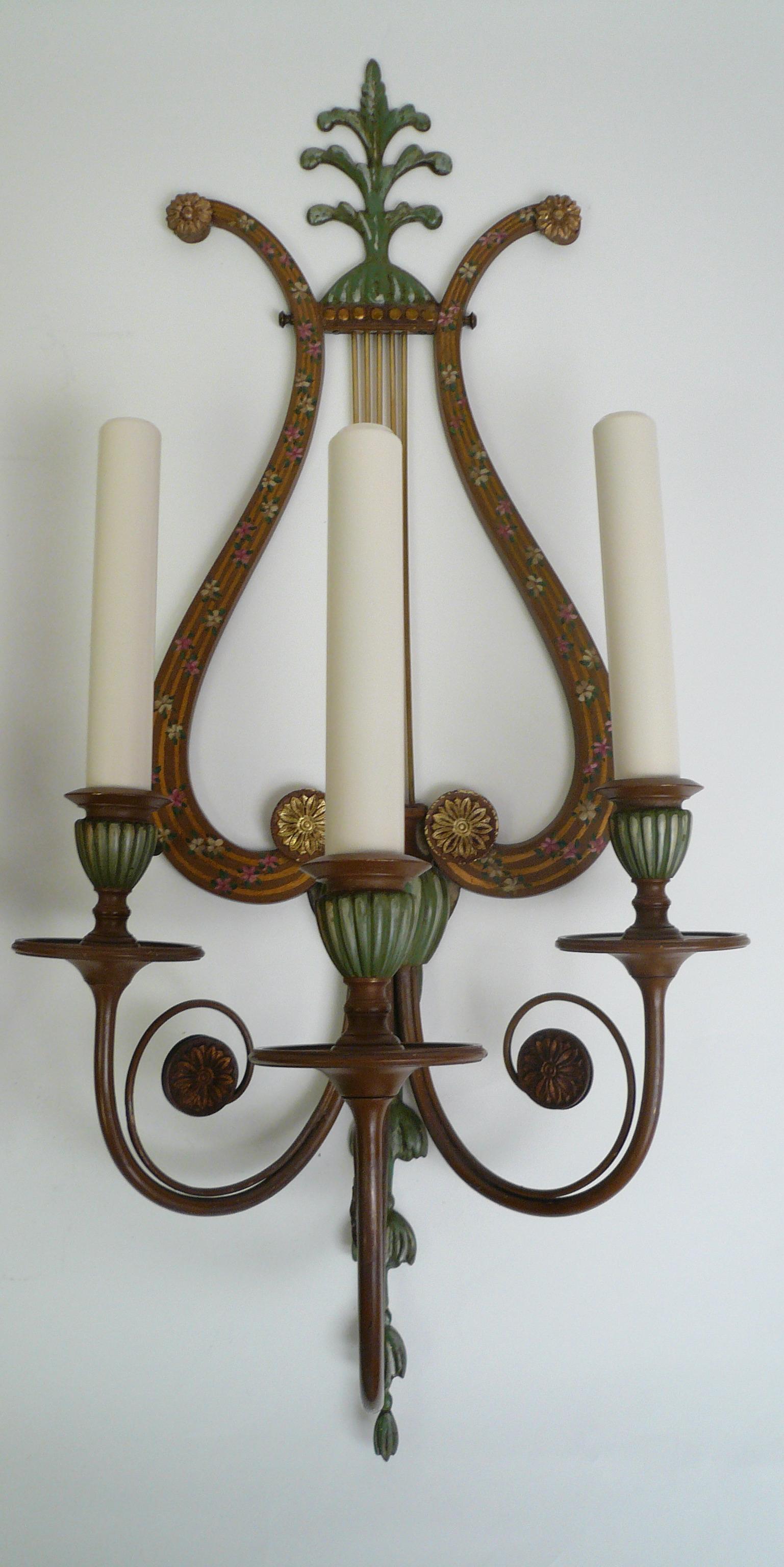 American Four Polychrome Lyre form Sconces by Sterling Bronze Co. N.Y.