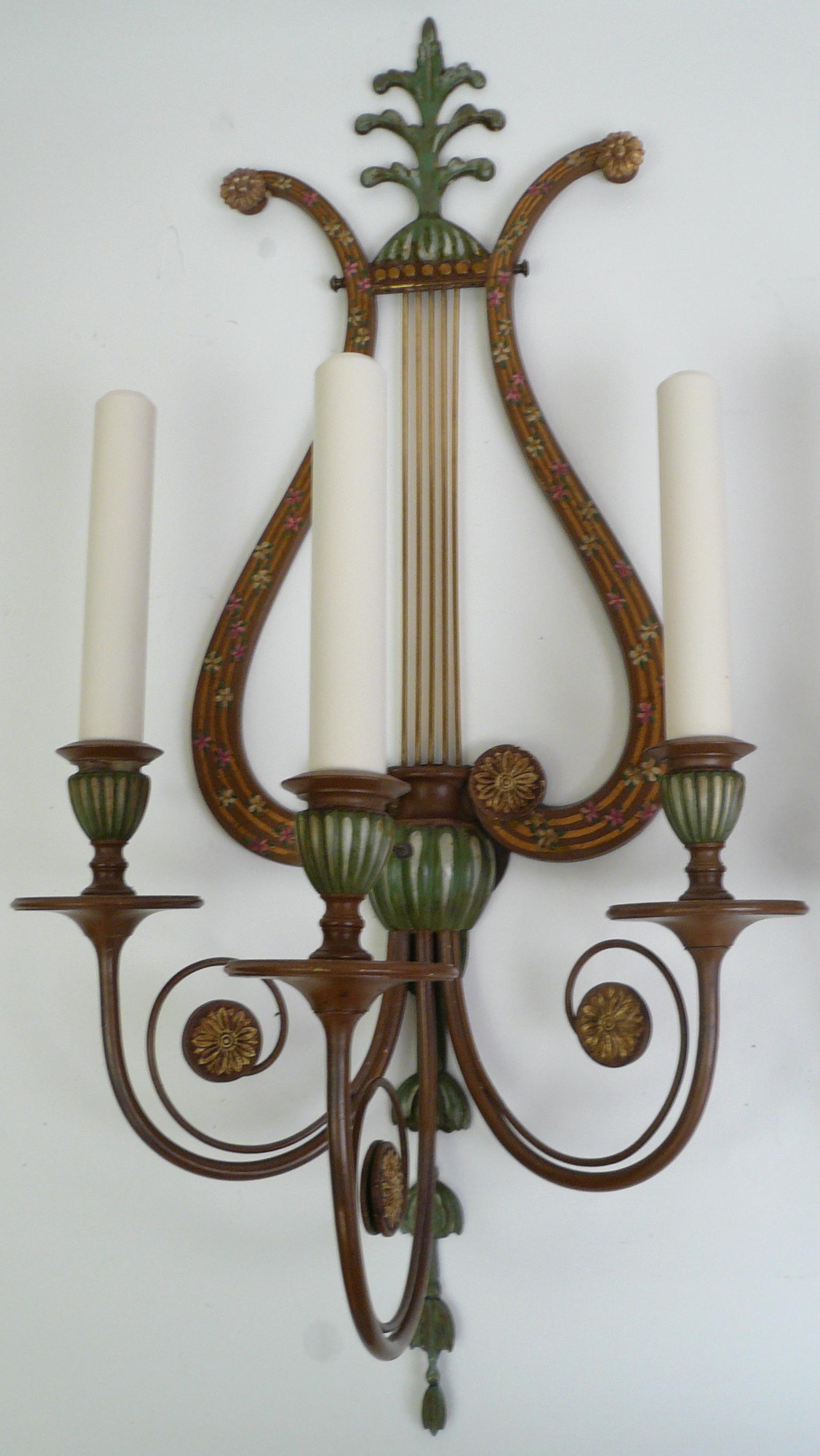 Hand-Painted Four Polychrome Lyre form Sconces by Sterling Bronze Co. N.Y.