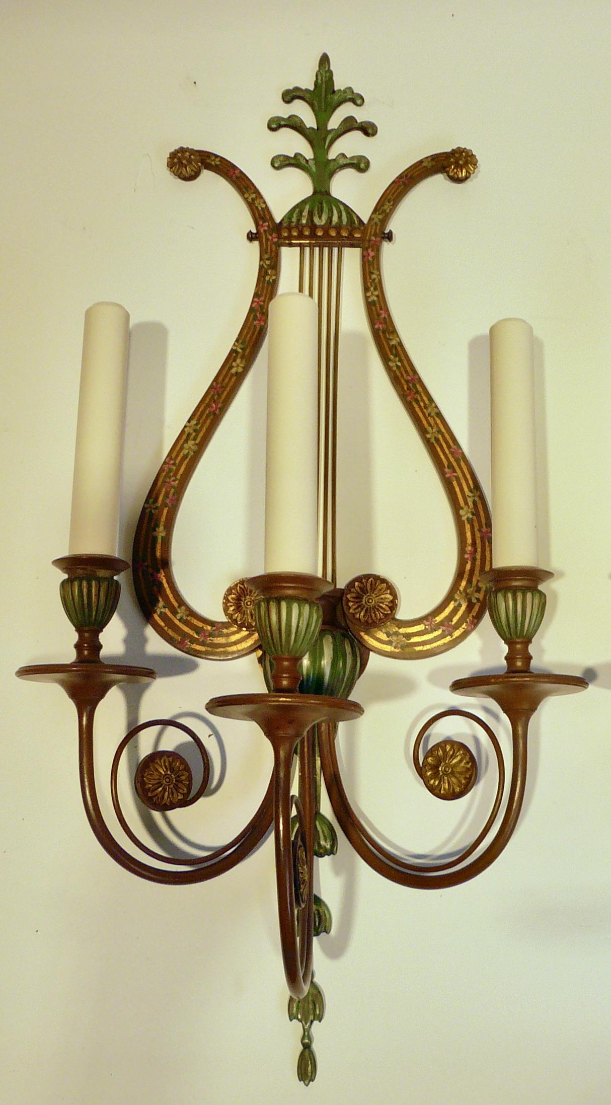 20th Century Four Polychrome Lyre form Sconces by Sterling Bronze Co. N.Y.