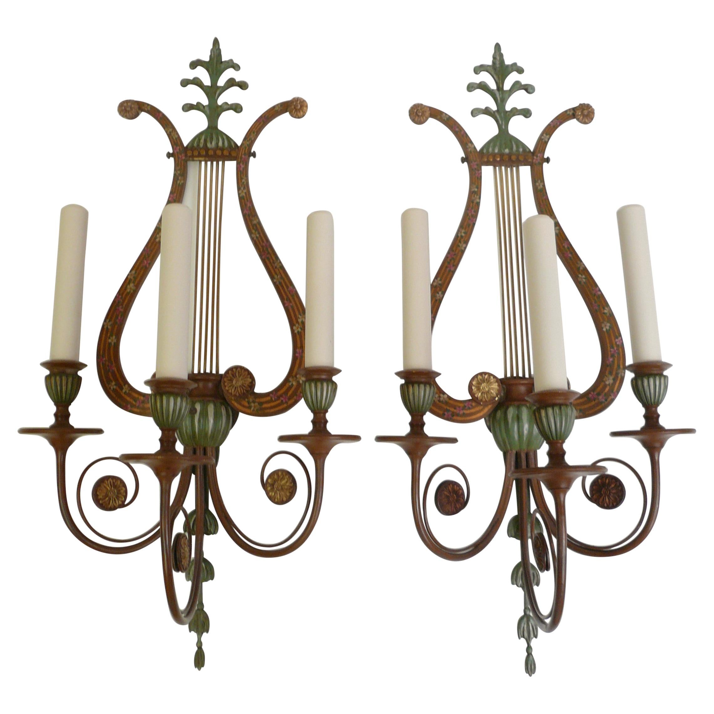 Four Polychrome Lyre form Sconces by Sterling Bronze Co. N.Y.