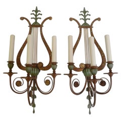 Four Polychrome Lyre form Sconces by Sterling Bronze Co. N.Y.