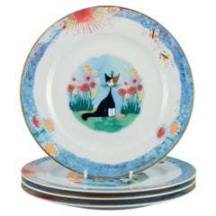 Retro Four Porcelain Plates with Cat Motifs, Rosina Wachtmeister for Goebel, Germany