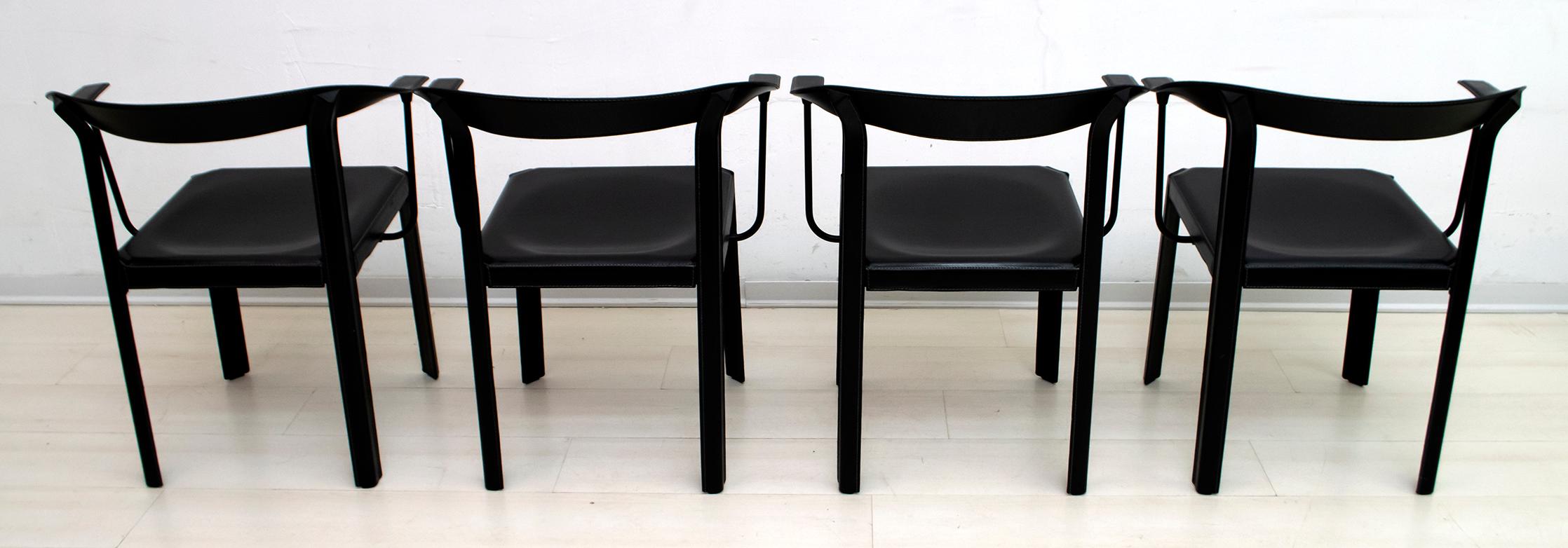 Post-Modern Four Postmodern Italian Black Leather Dinning Chairs, 1980s