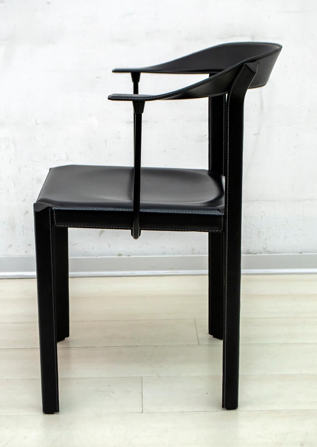 Late 20th Century Four Postmodern Italian Black Leather Dinning Chairs, 1980s