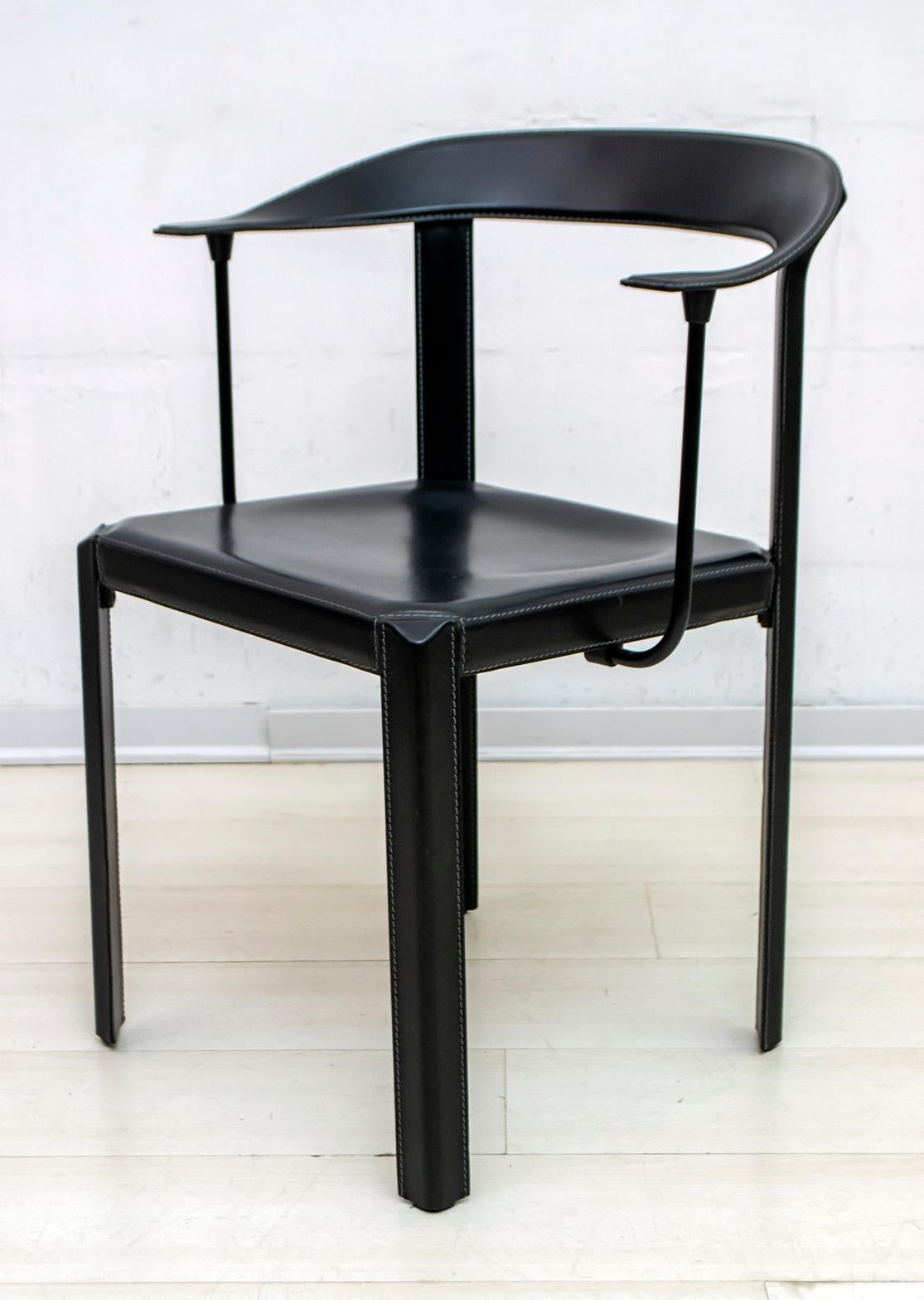 Steel Four Postmodern Italian Black Leather Dinning Chairs, 1980s