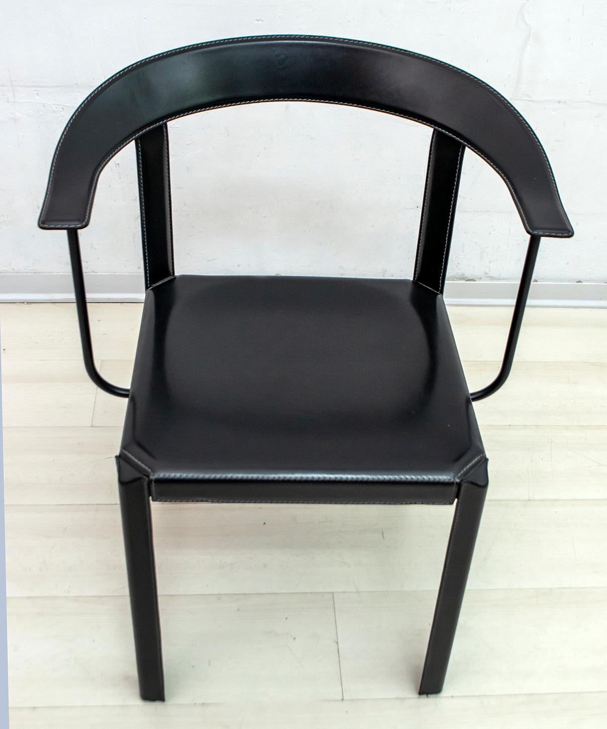 Four Postmodern Italian Black Leather Dinning Chairs, 1980s 2