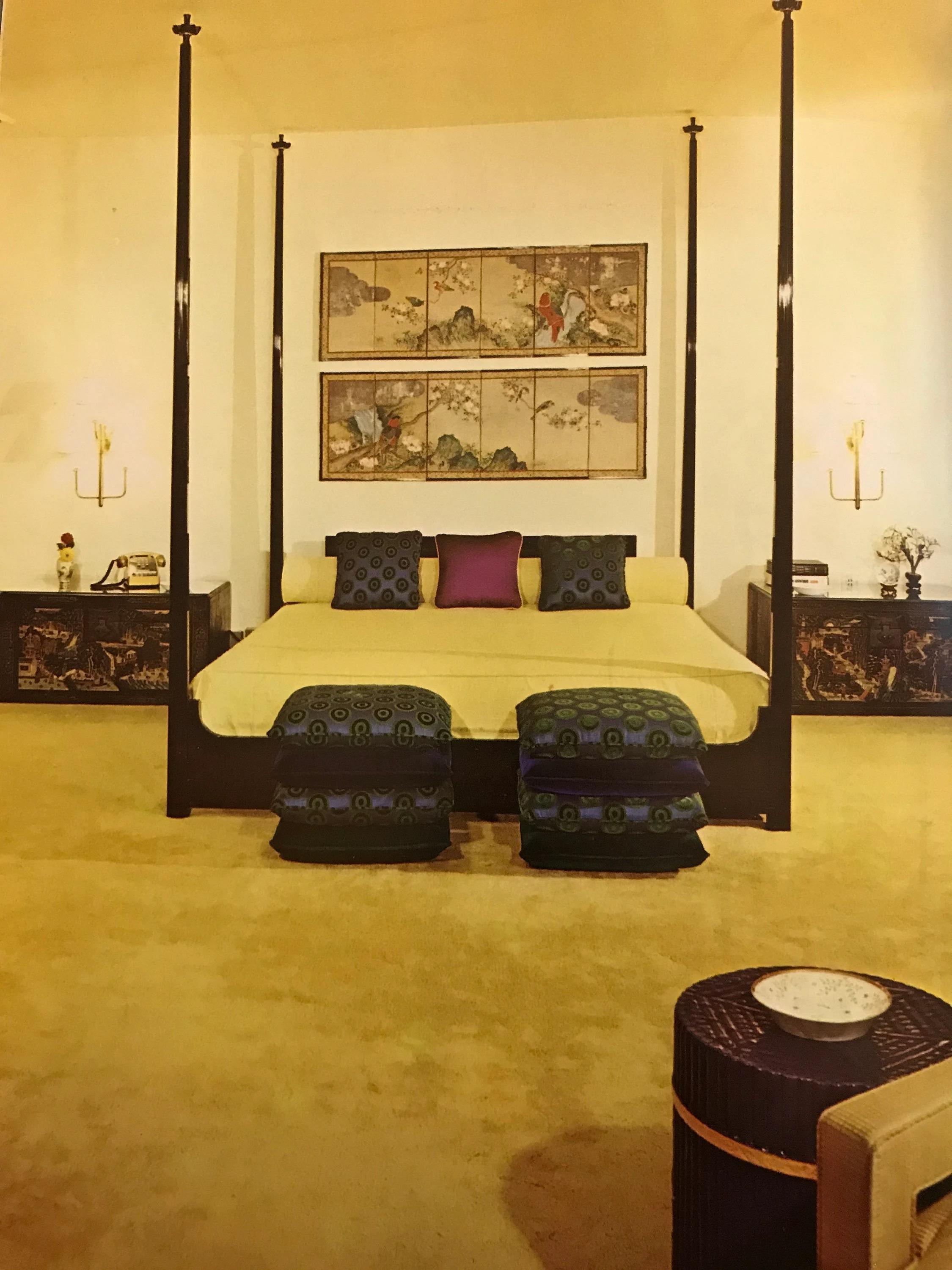 Four Poster Bed (Queen) Black Lacquer on Brass Plinth For Sale 9