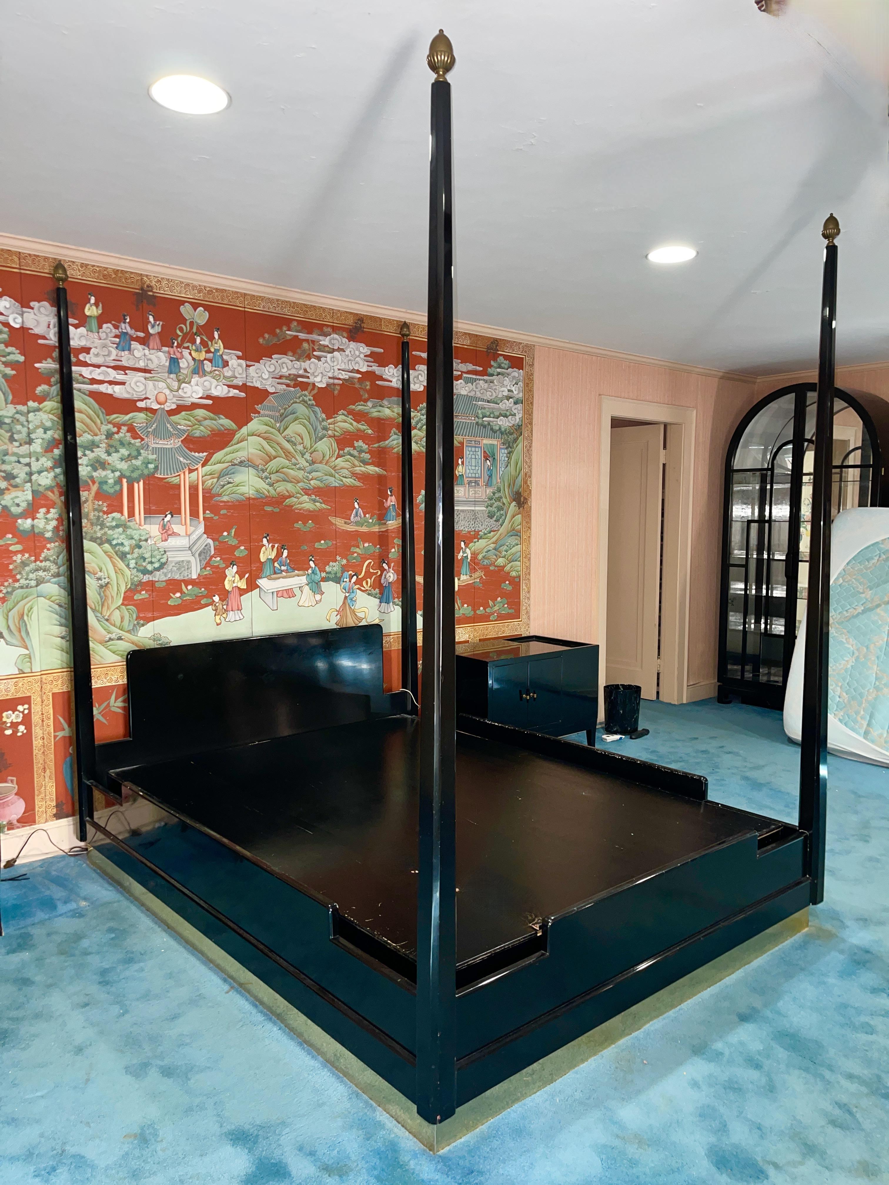 Lacquered Four Poster Bed (Queen) Black Lacquer on Brass Plinth For Sale