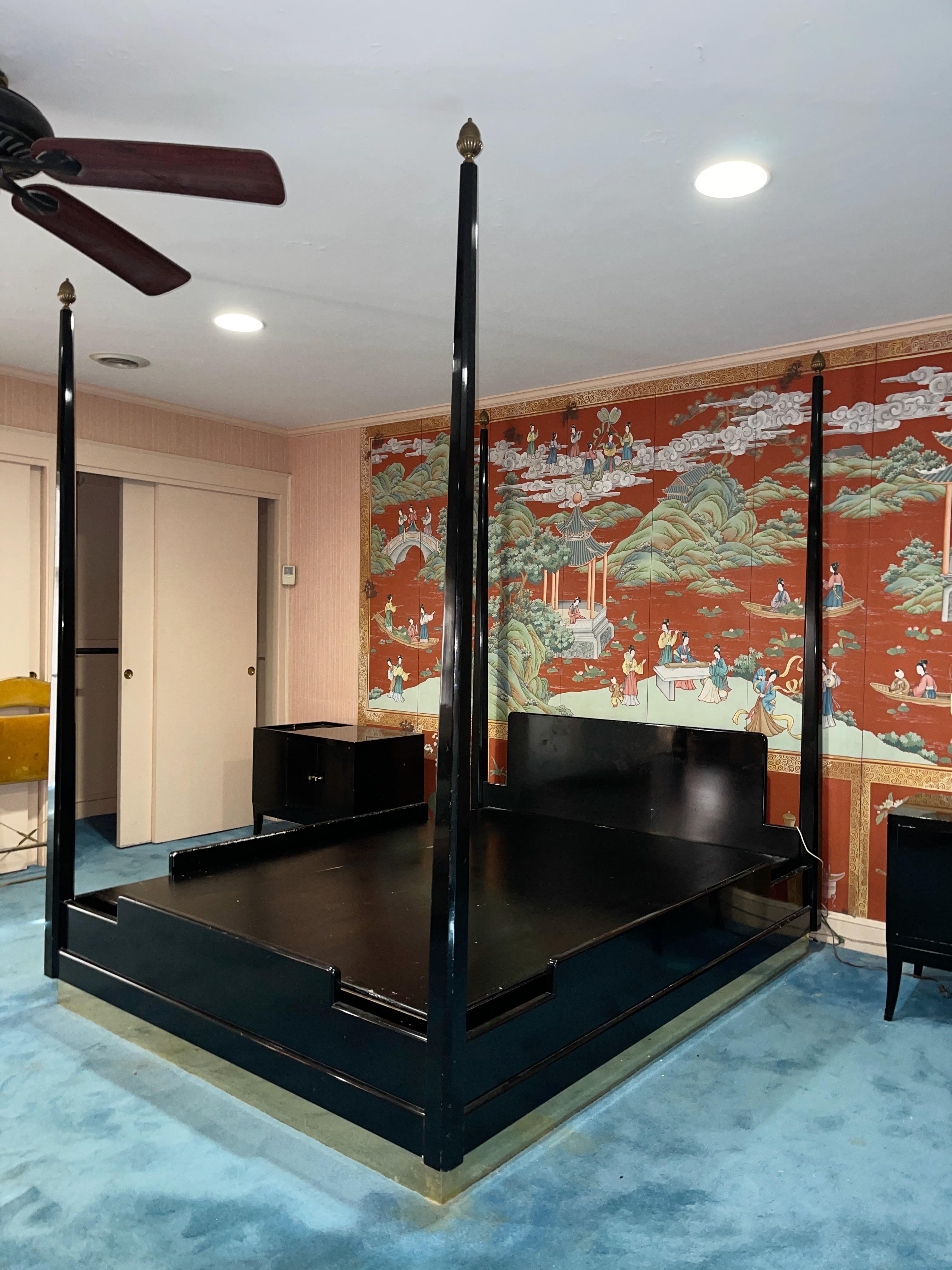 Mid-20th Century Four Poster Bed (Queen) Black Lacquer on Brass Plinth For Sale
