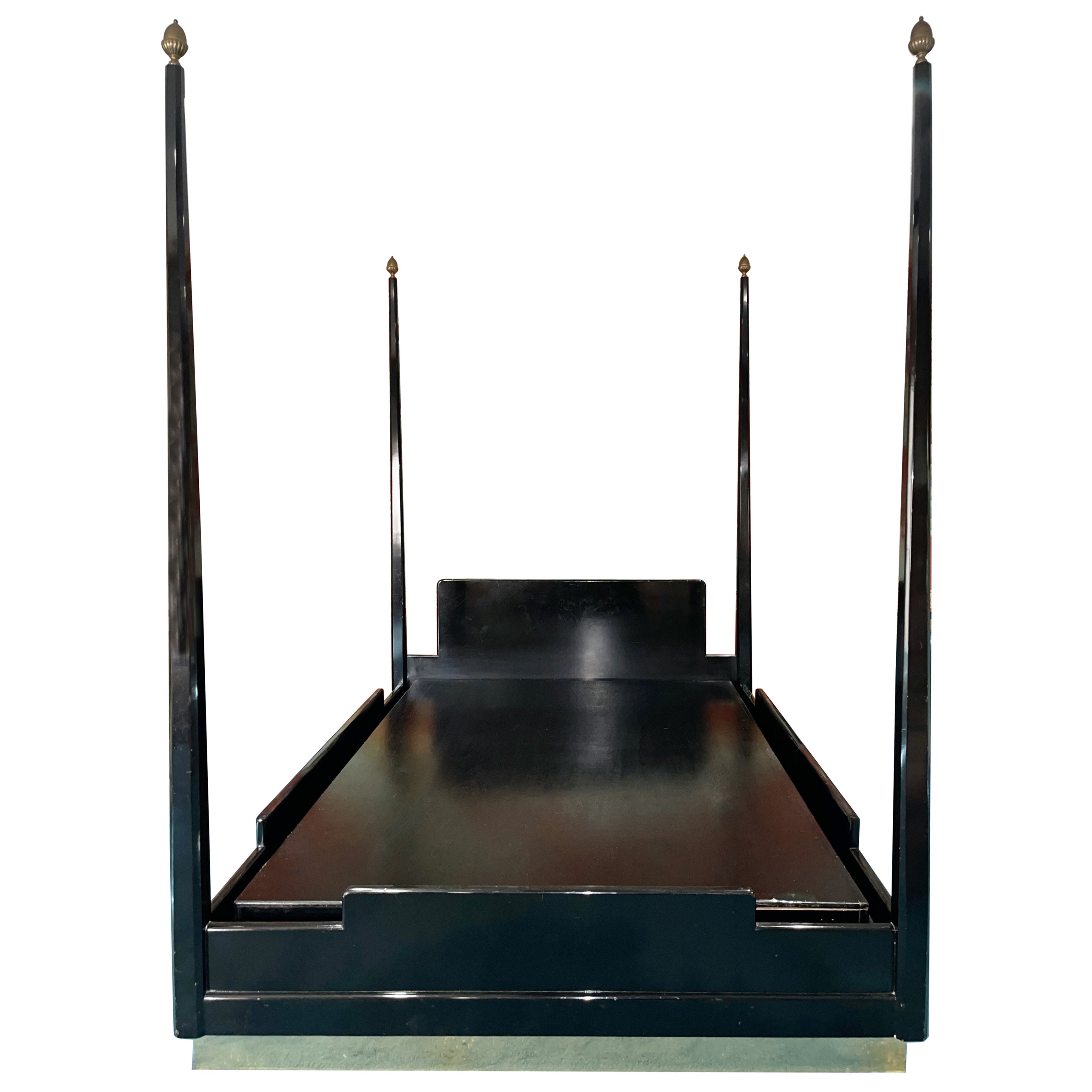 Four Poster Bed (Queen) Black Lacquer on Brass Plinth