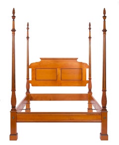 Four Poster Byron Bed with Carved Posts, Panel Headboard and Flame Finials