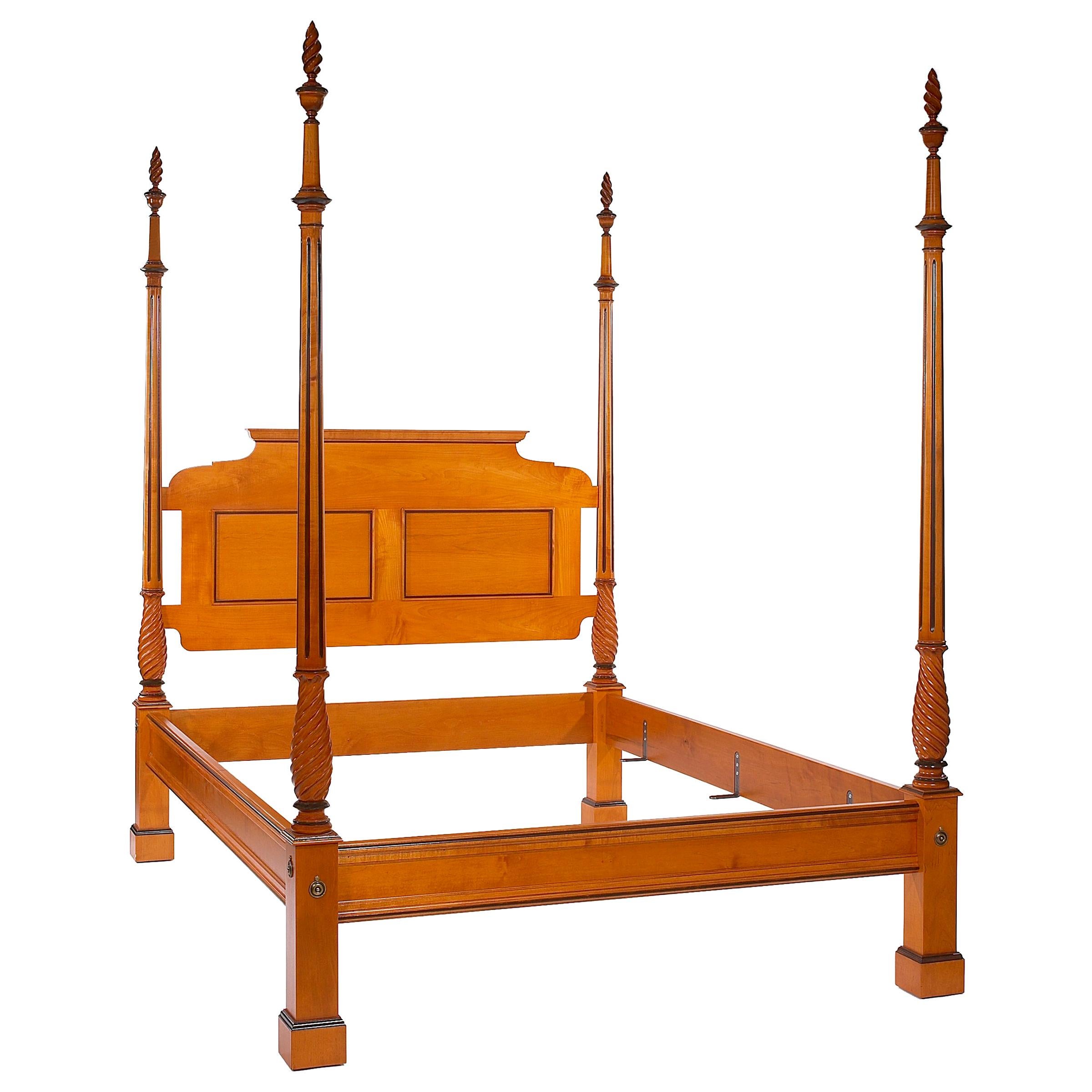 Four Poster Byron Bed with Carved Posts, Panel Headboard and Flame Finials 