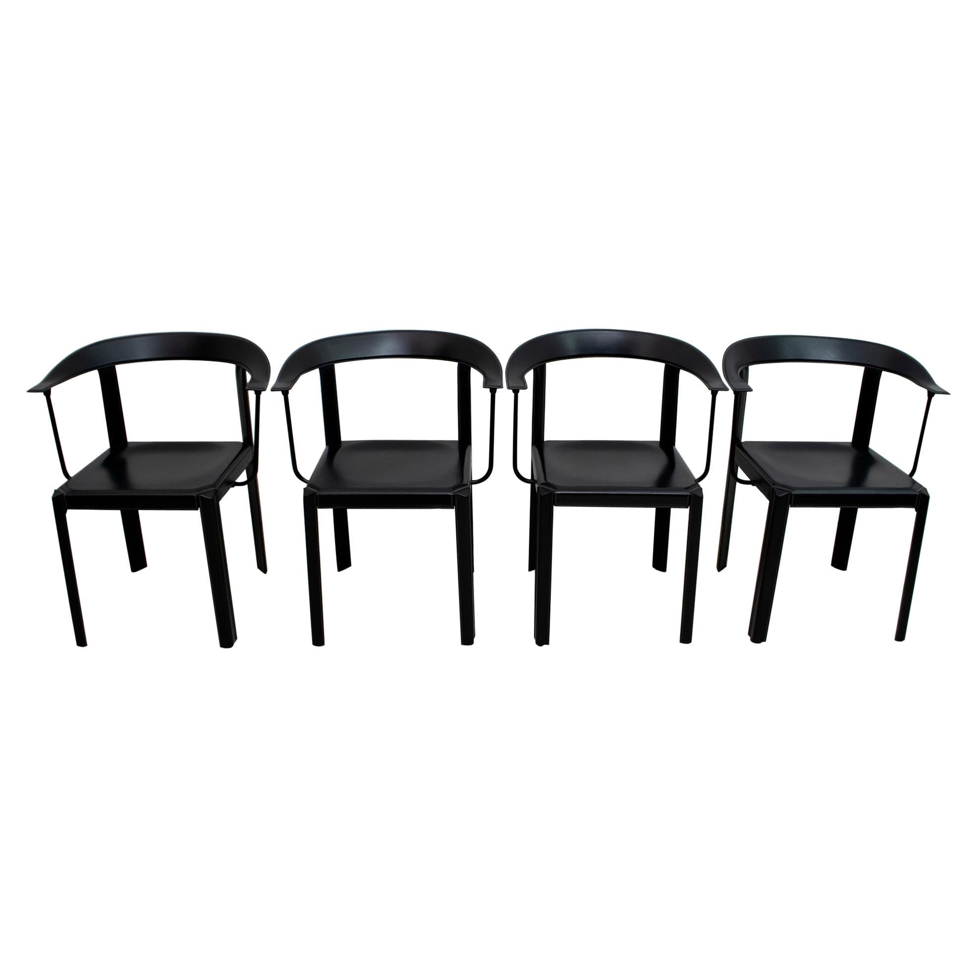 Four Postmodern Italian Black Leather Dinning Chairs, 1980s