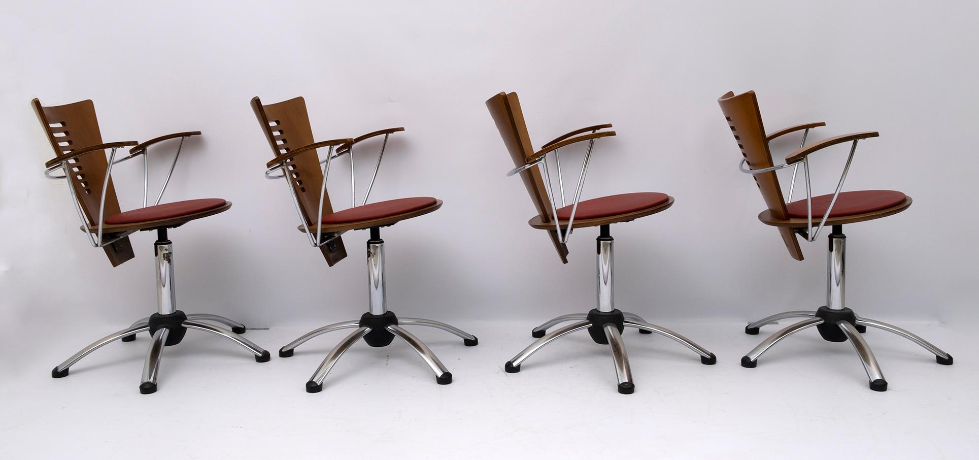 Post-Modern Four Postmodern Italian Swivel Chairs Curved Wood and Chromed Metal, 1980s For Sale