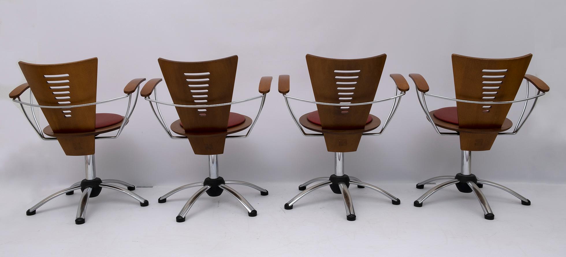 Late 20th Century Four Postmodern Italian Swivel Chairs Curved Wood and Chromed Metal, 1980s For Sale