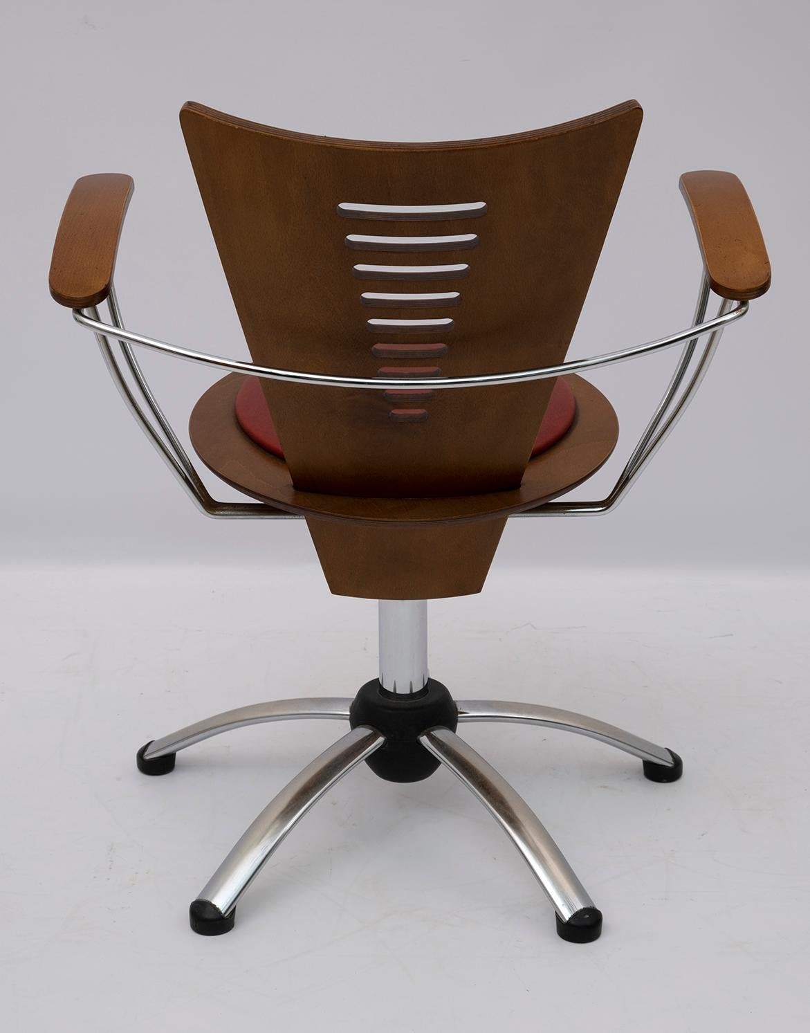 Faux Leather Four Postmodern Italian Swivel Chairs Curved Wood and Chromed Metal, 1980s For Sale