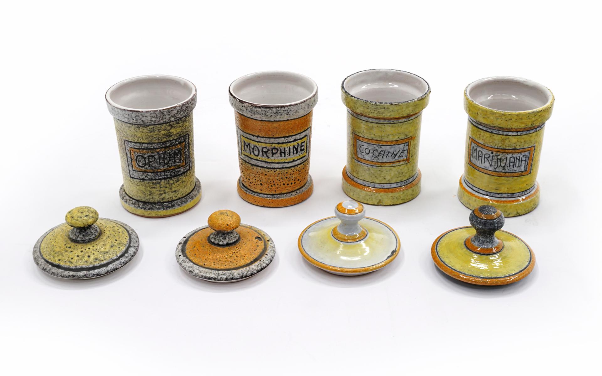 Mid-Century Modern Four Pottery Vice Jars / Drug Canisters Imported by Raymor, Italy, 1950s, Rare For Sale