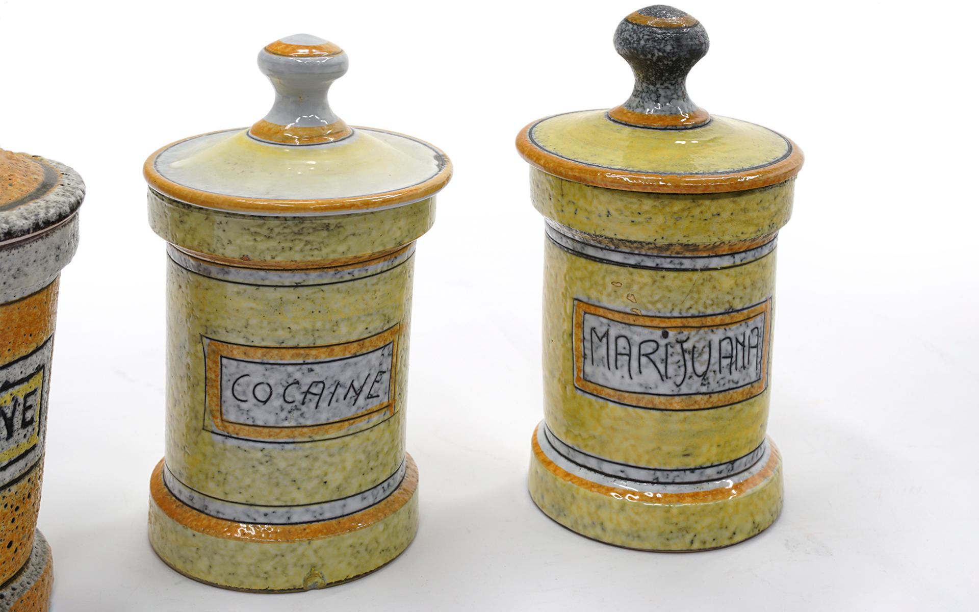 Four Pottery Vice Jars / Drug Canisters Imported by Raymor, Italy, 1950s, Rare In Good Condition For Sale In Kansas City, MO