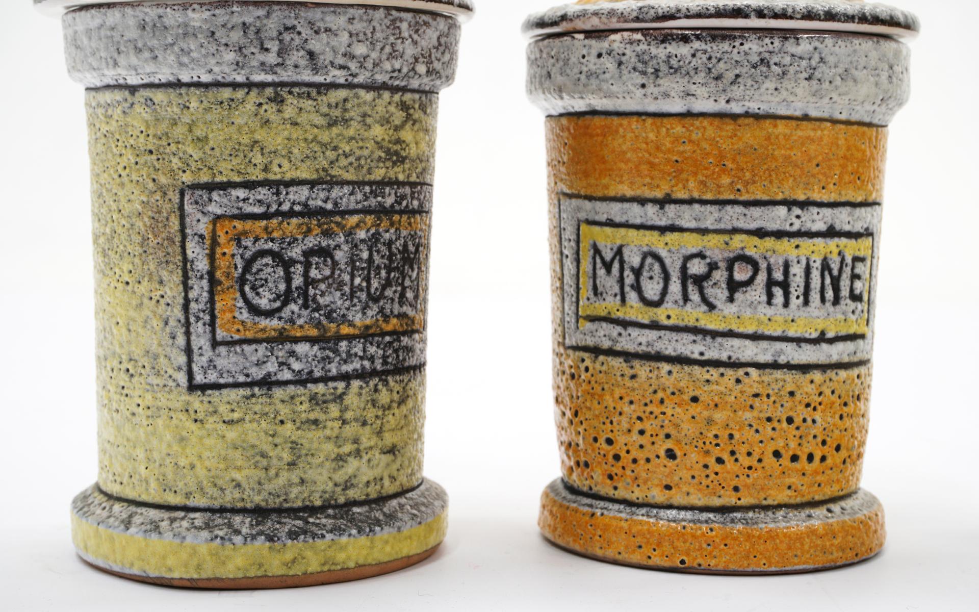 Mid-20th Century Four Pottery Vice Jars / Drug Canisters Imported by Raymor, Italy, 1950s, Rare For Sale