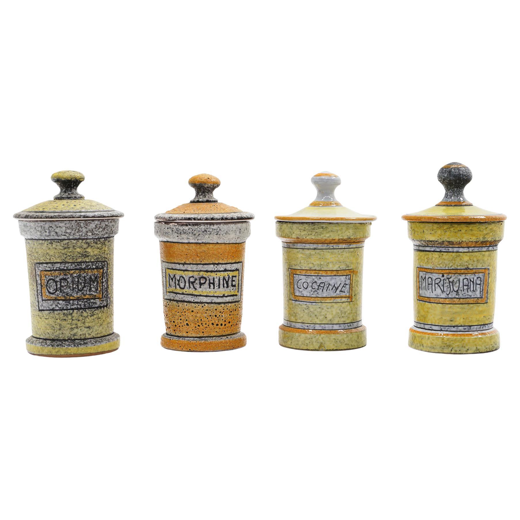 Four Pottery Vice Jars / Drug Canisters Imported by Raymor, Italy, 1950s, Rare For Sale