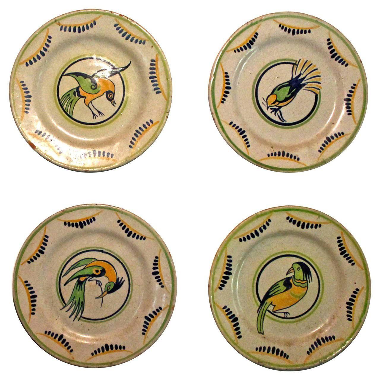 Four Primavera French Art Deco Period Hand-Painted Plates with Bird Images