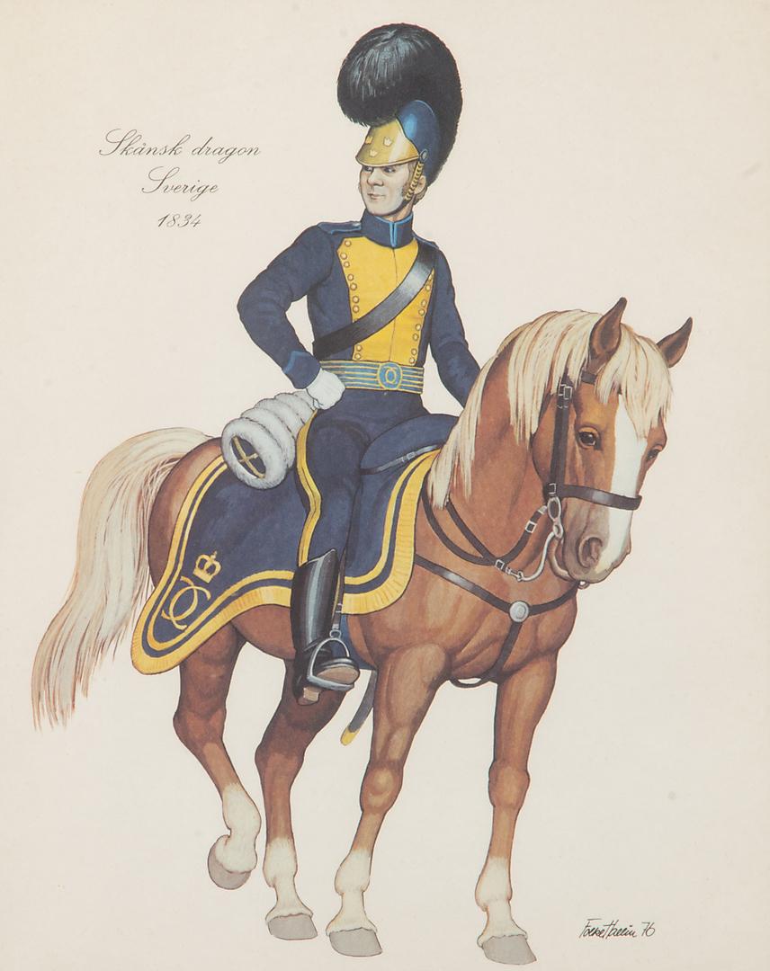 Set of four Swedish framed prints depicting soldiers on horseback.
  