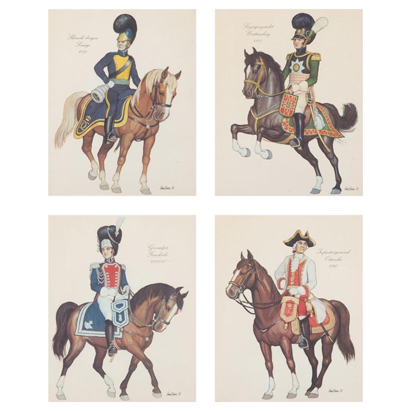Four Prints of Soldiers on Horseback in Brass Frames