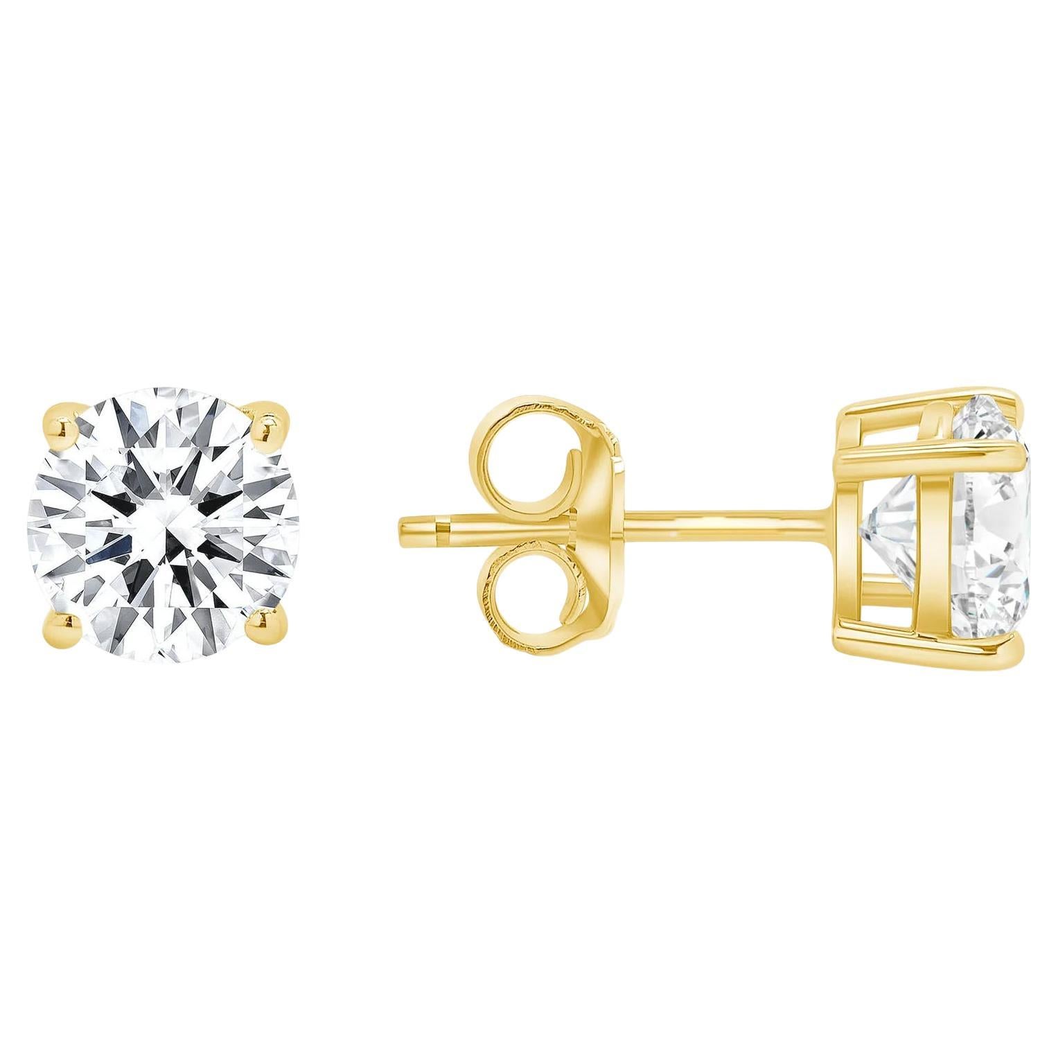 Vier Zacken Push Back 14K Gelbgold Runde Diamant-Ohrringe