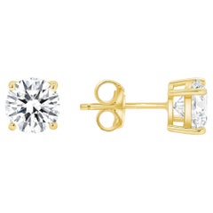 Boucles d'oreilles à quatre griffes en or jaune 14 carats avec diamants ronds