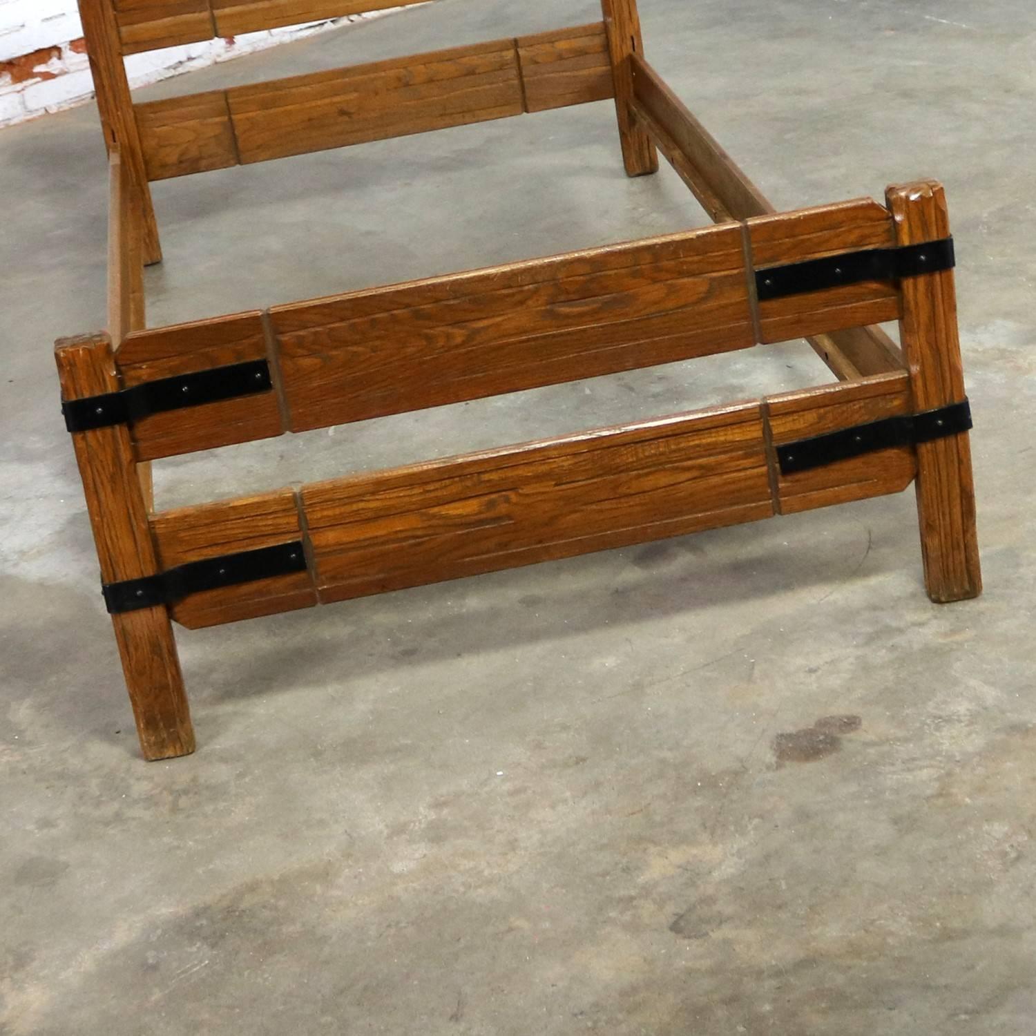 Iron Two Ranch Oak Western Cowboy Twin Beds with Strap Details Attributed to A. Bran
