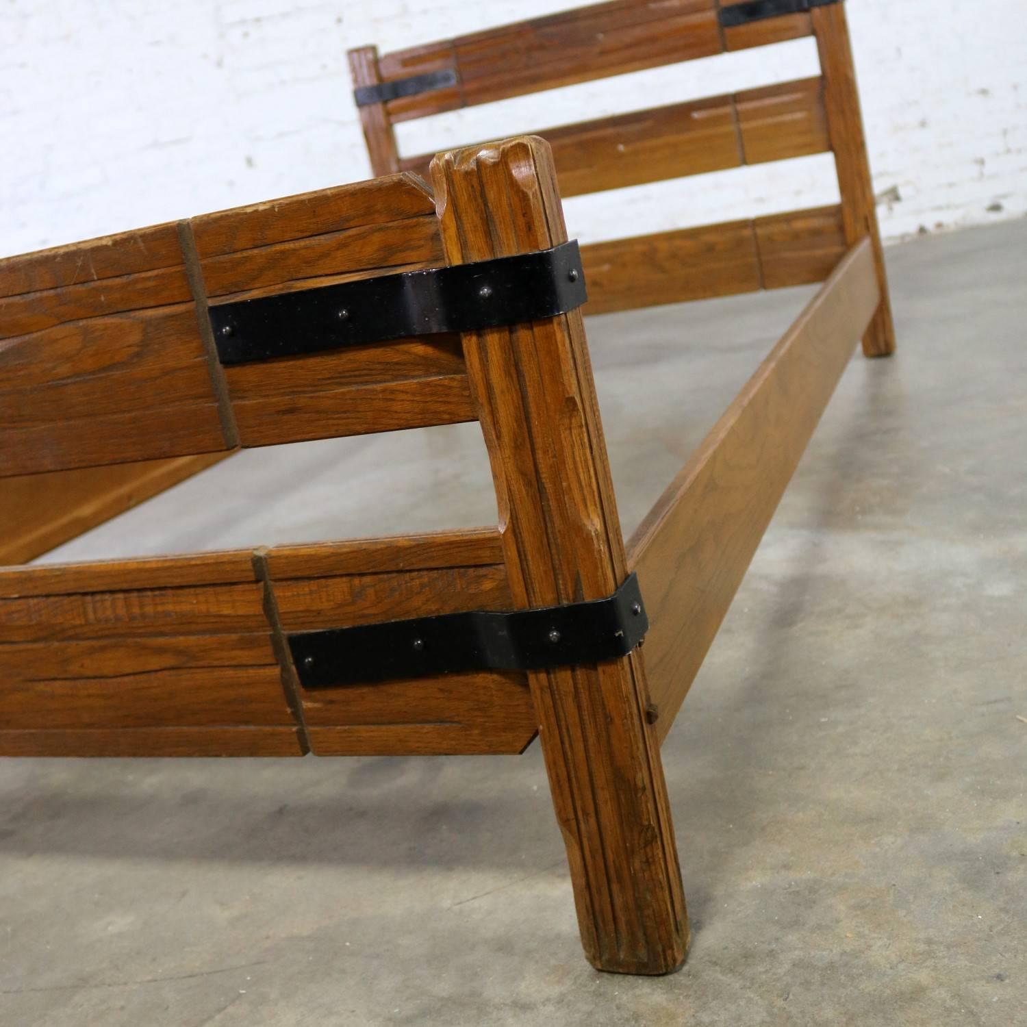 Two Ranch Oak Western Cowboy Twin Beds with Strap Details Attributed to A. Bran 1