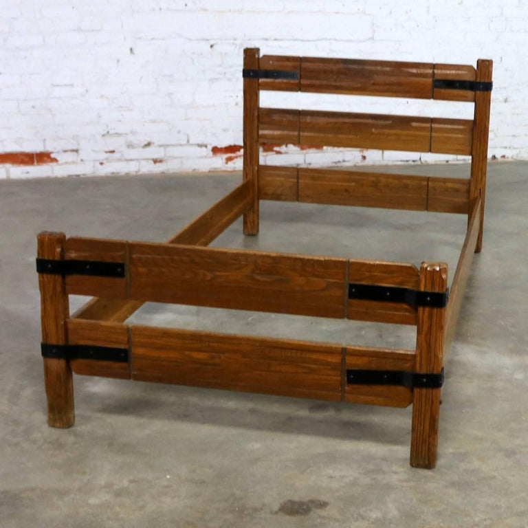 Four Ranch Oak Western Cowboy Twin Beds with Strap Details Attributed