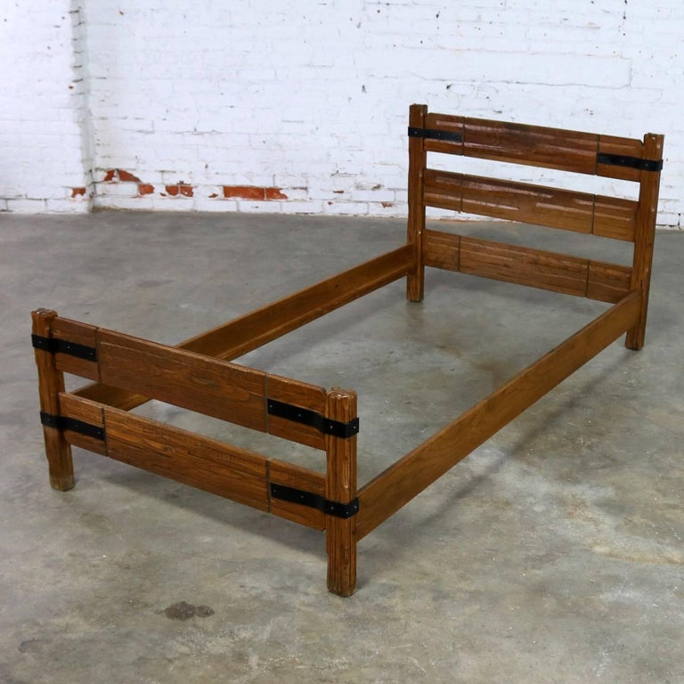 Four Ranch Oak Western Cowboy Twin Beds with Strap Details Attributed