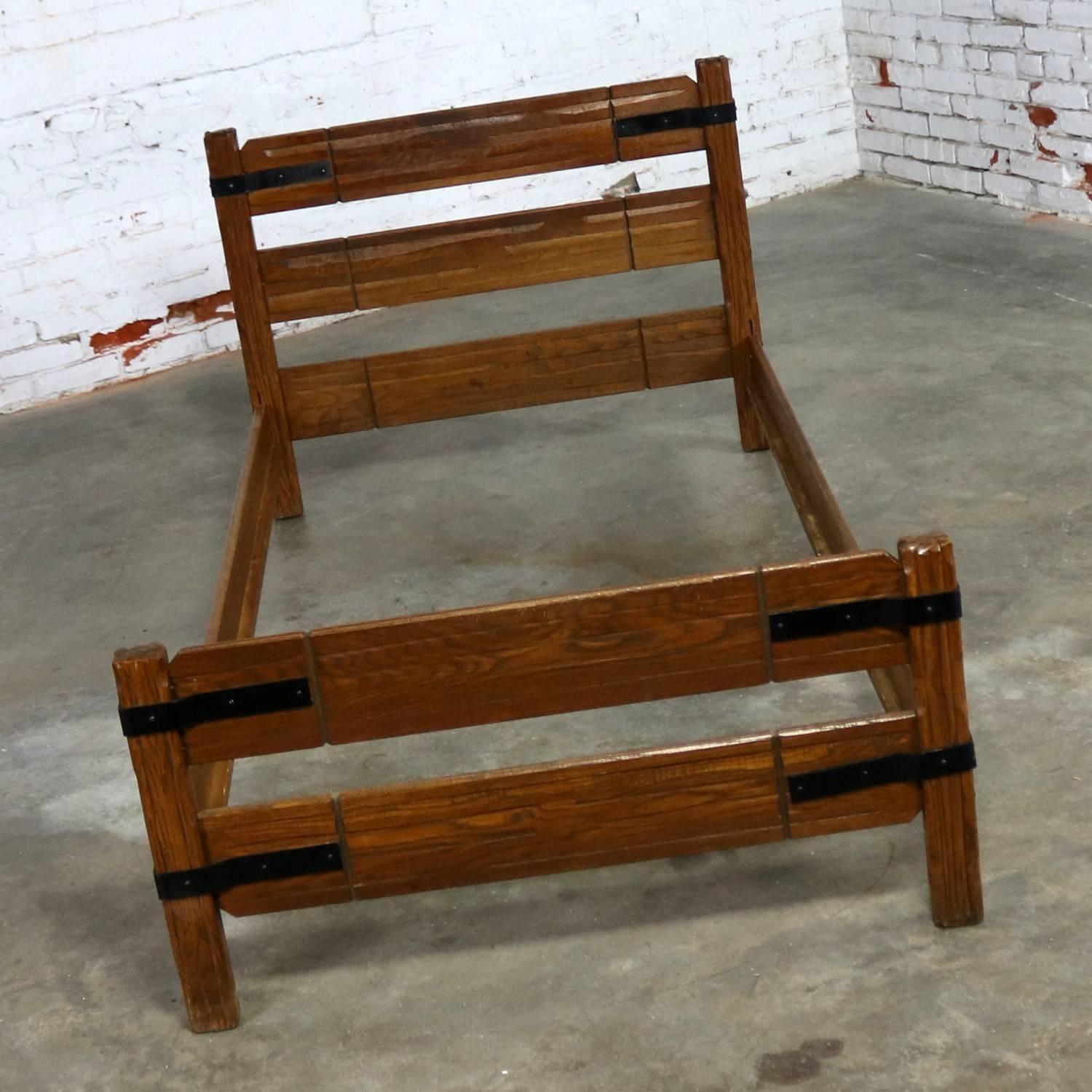 Rustic Two Ranch Oak Western Cowboy Twin Beds with Strap Details Attributed to A. Bran