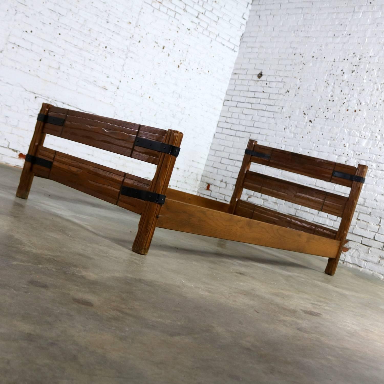 American Two Ranch Oak Western Cowboy Twin Beds with Strap Details Attributed to A. Bran