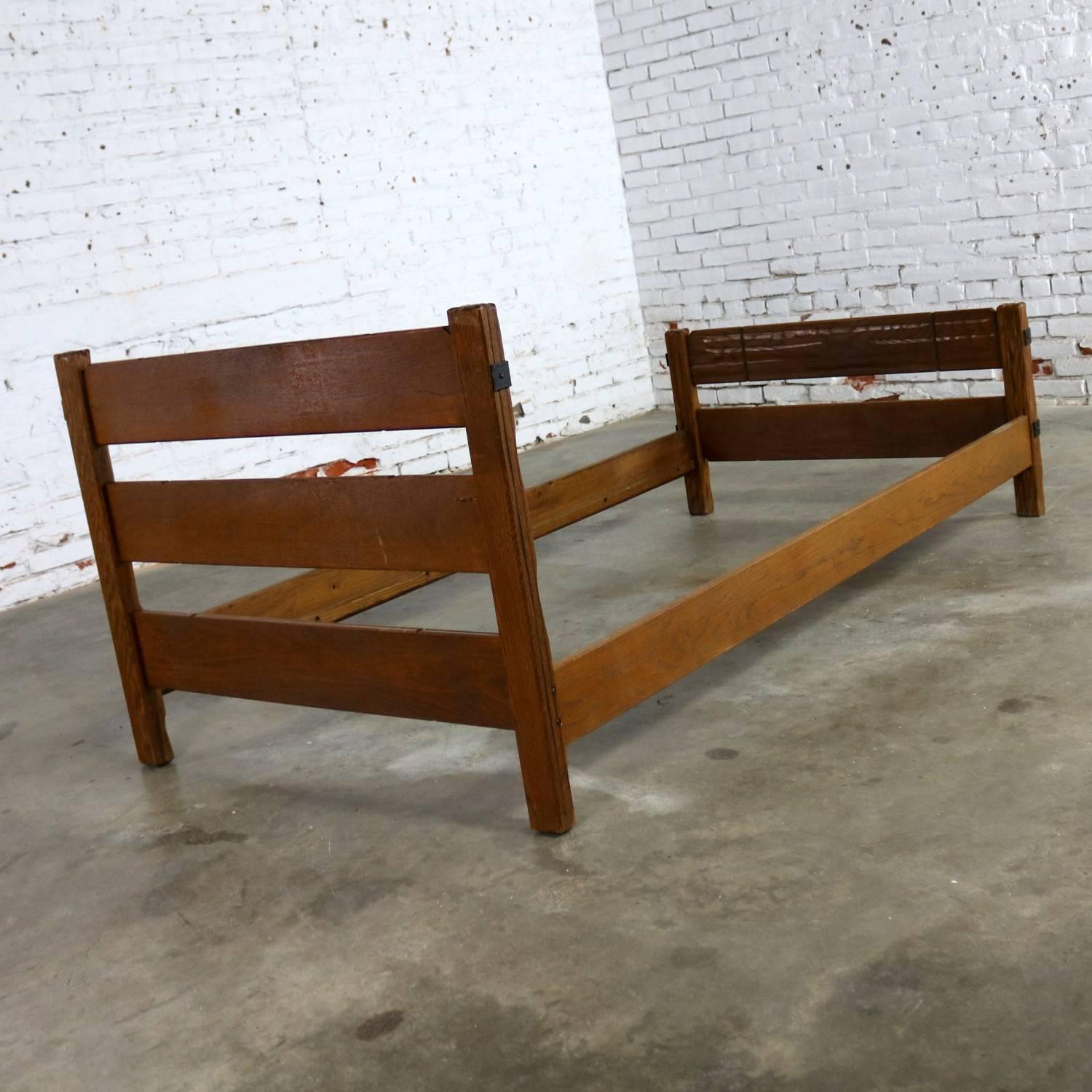 20th Century Two Ranch Oak Western Cowboy Twin Beds with Strap Details Attributed to A. Bran